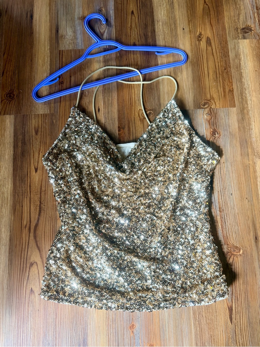 SHEIN Gold Sequin Draped Cowl Tank Top